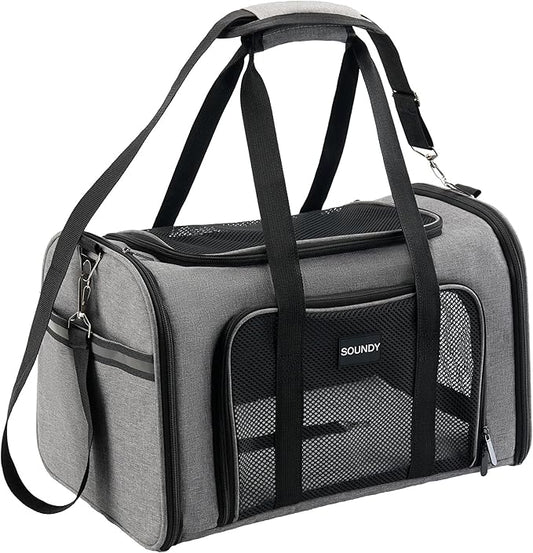 Soundy Large Cat Carrier Dog Carrier Under 25 Lbs,Collapsible Ventilated Portable Pet Bag with Soft Sided Breathable Mesh for Long Car Trips Maxi Load 2 Kittens or Small, Medium Dog (Large Grey)