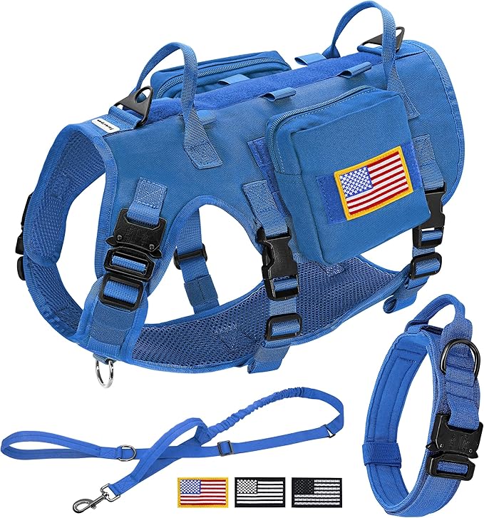 Forestpaw Tactical Dog Harness for Large Dogs,Tactical Dog Collar with Bungee Leash Set,No Pull Military Dog Harness for Walking Training,Adjustable for Medium Large Dogs,Blue,Chest 15.5-25.5"