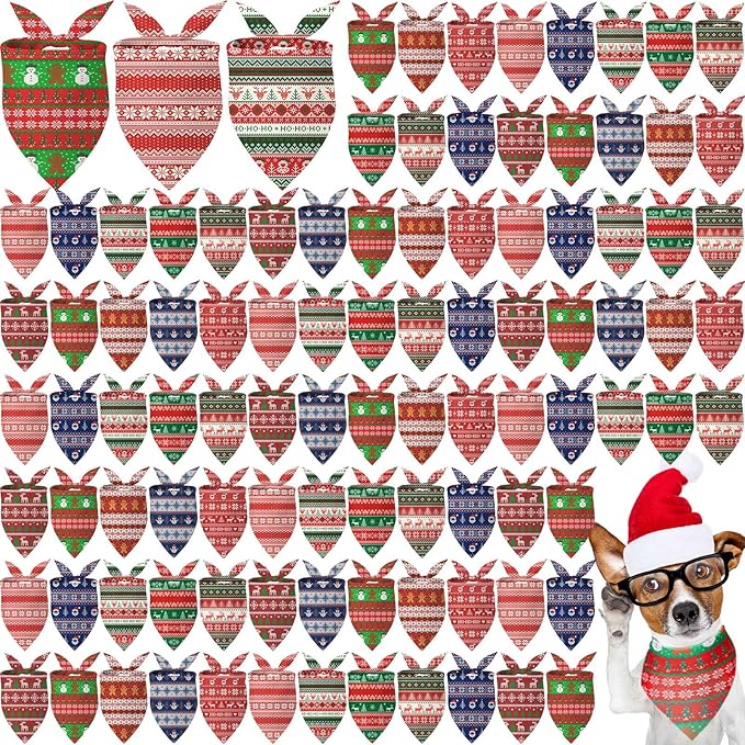 100 Pcs Christmas Dog Bandanas Bulk Xmas Sweater Designs Bandanas Soft Triangle Bibs Adjustable Scarf for Small Medium Large Pets