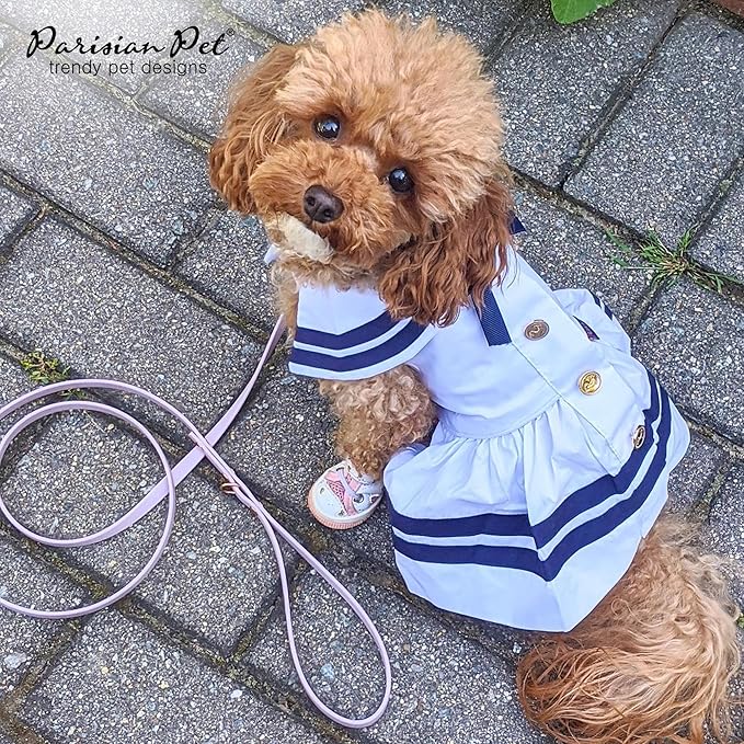 Parisian Pet Dog Dress - Lightweight Sailor Outfit - Breathable Summer Clothes - Pure Cotton White and Blue Dress - XS for Small Dogs Girl