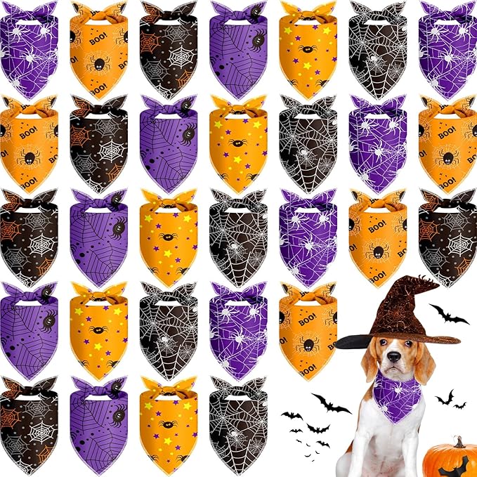 Frienda 30 Pcs Halloween Dog Bandanas Bulk Spider Web Bandanas for Dogs Black Orange Purple Triangle Kerchief Bibs Scarf Set for Pet Halloween Costume Photo Props Accessories Pet Shops, 6 Styles