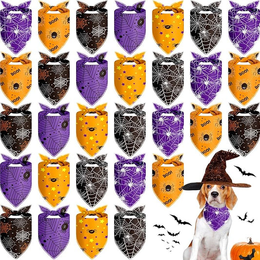 Frienda 30 Pcs Halloween Dog Bandanas Bulk Spider Web Bandanas for Dogs Black Orange Purple Triangle Kerchief Bibs Scarf Set for Pet Halloween Costume Photo Props Accessories Pet Shops, 6 Styles