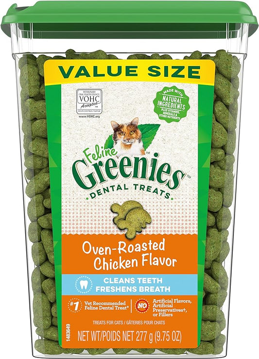 Greenies Feline Adult Dental Cat Treats, Oven Roasted Chicken Flavor, 9.75 oz. Tub
