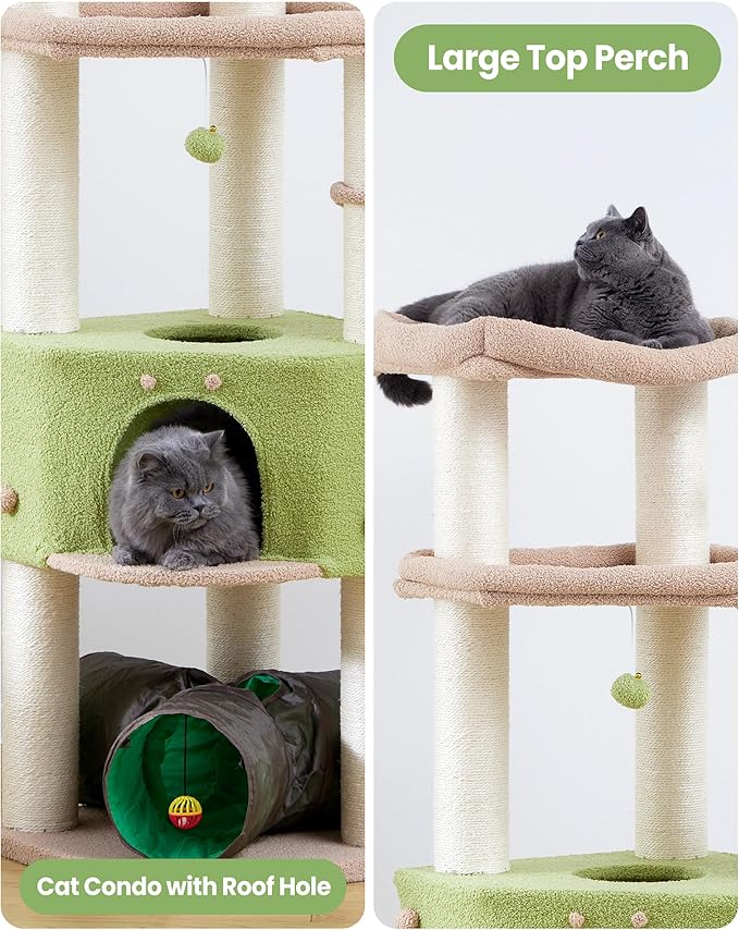 Cat Tree Tower for Indoor Cats Large Adult - Heavy Duty Extra Wide Scratching Post (φ4.4in) Maine Coon Condo House with Hammock Tunnel - 60 Inch XL Feline Bed Trees - Big Multi Level Cat Houses Stand