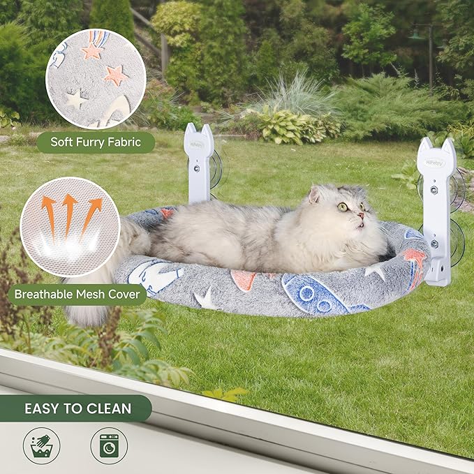 Cat Window Perch, Glow in The Dark Foldable Cat Hammock with Cozy Pad Bed, Breathable Cordless Window Seat with Stud Metal Frame for Large Cats and Kitten (Cushion Perch, Medium)