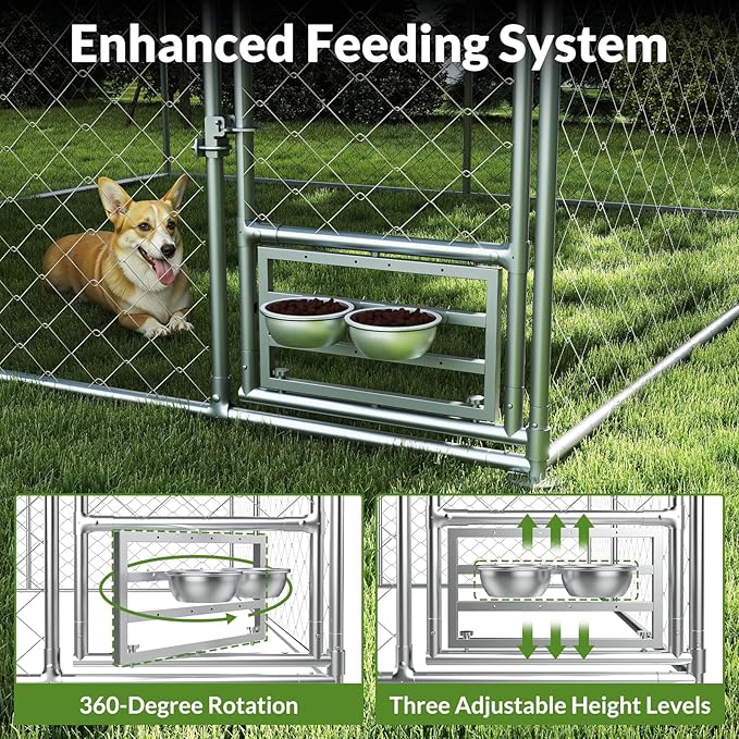 Rovibek 10x10 Ft Dog Kennel Outside, Outdoor Dog Kennel with Roof, Dog Kennels Outdoor with Steel Rotating Feeder Bowls, Outside Kennel for Large Dogs