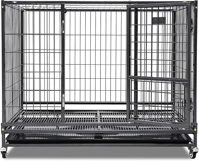 Homey Pet 43" Stackable and Collapsible Heavy Duty Dog Crate Cage Kennel with Feeding Door, Four Lockable Casters, Removable Tray and Grid, Escape Proof Dog Crate for Large Dogs