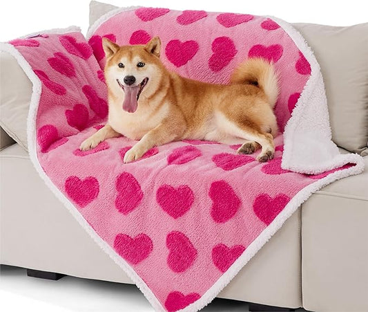 Lesure Waterproof Puppy Blanket for Large Dogs - Washable Double Sided Dog Blankets with Warm Jacquard Shag and Soft Sherpa Fleece, Pet Cat Blanket for Couch Protection, Love Pattern Design，Pink