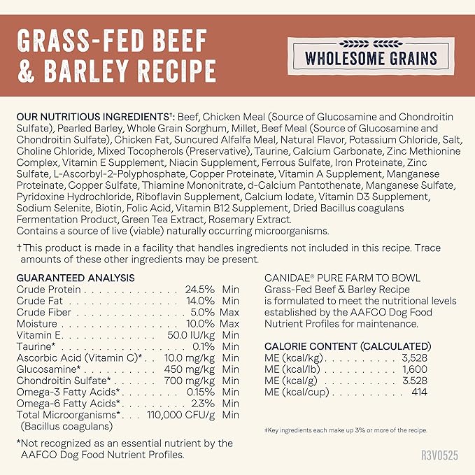 CANIDAE Pure Farm to Bowl Grass-Fed Beef & Barley Dry Dog Food, Adult, 22lb