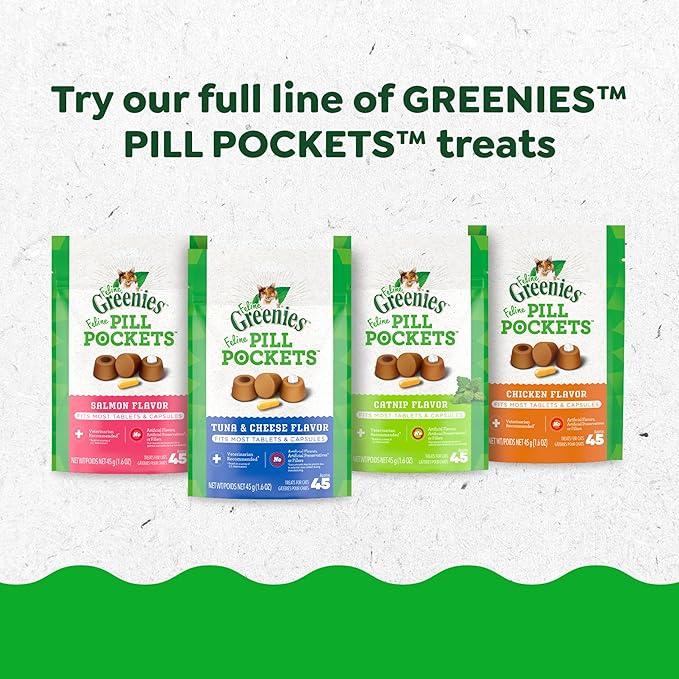 Greenies Feline Pill Pockets for Cats Natural Soft Cat Treats, Salmon Flavor, 1.6 oz. Pouch (45 Treats)