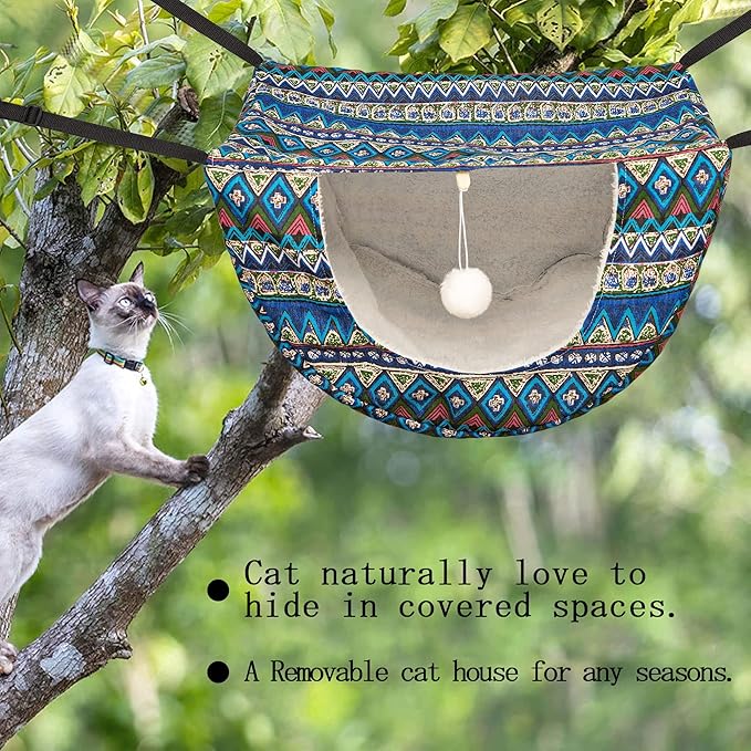 JSPYFITS Cat Cage Hammock with Ball,Double Layer Hanging Adjustable Soft Pet Bed Suit for Kitten Ferret Puppy Rabbit or Small Pets, 2 Level Indoor Pet Bad for All Season(Ethnic Style)
