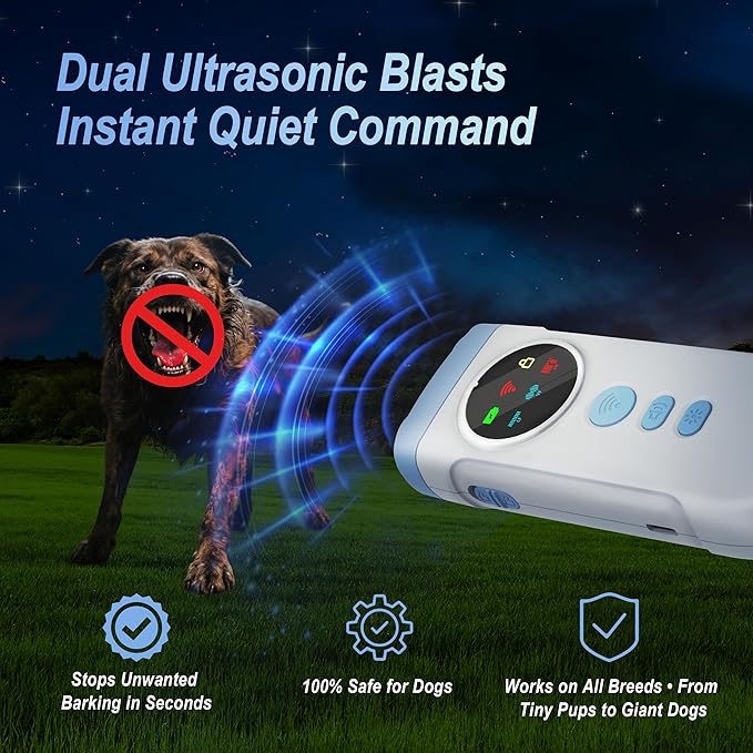 Dog Bark Deterrent Device-2X High-Power Emitters | Anti Barking with 5 Training Modes, 50ft Range, 1500mAh Battery, LED Display, Shock Collar Alternative, Safe Ultrasonic Bark Shield for Dogs (Blue)