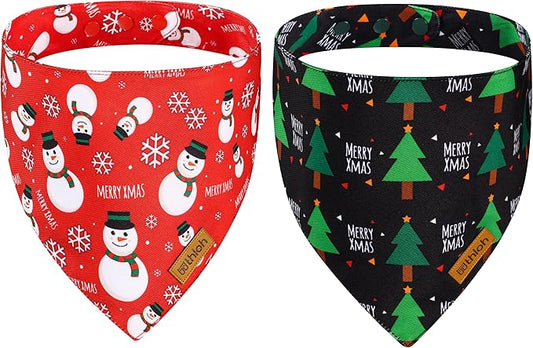 Christmas Dog Bandanas with Snap Button - 2 Pack Reversible Santa Claus Dog Scarf for Boy & Girl, Dog, Christmas Tree Holiday Bandana for Medium and Large Dogs (Large)