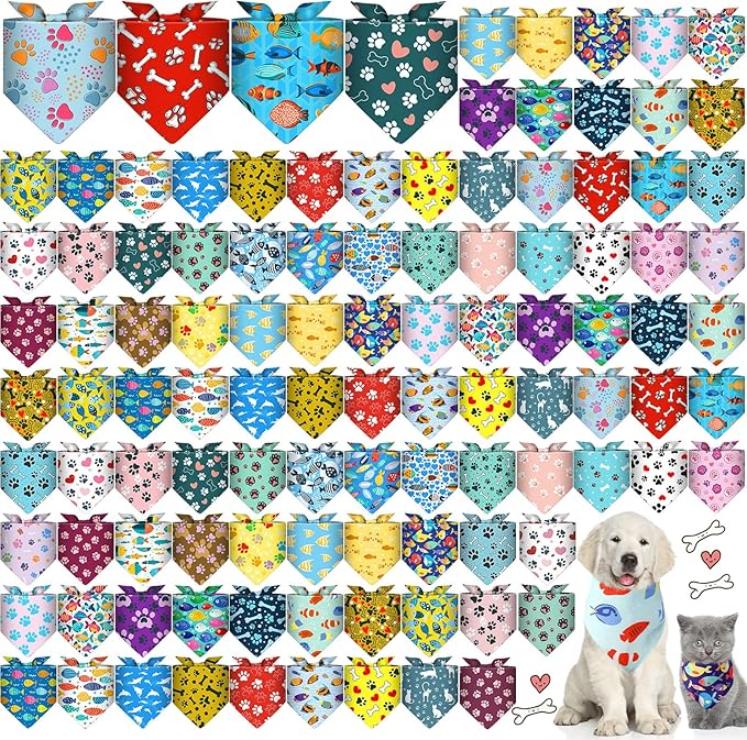 120 Pcs Paw Dog Bandanas Bulk Bone Pet Bandanas Dog Handkerchiefs Summer Scarf Bibs Triangle Bibs Adjustable Kerchief Pet Grooming Costume Accessories