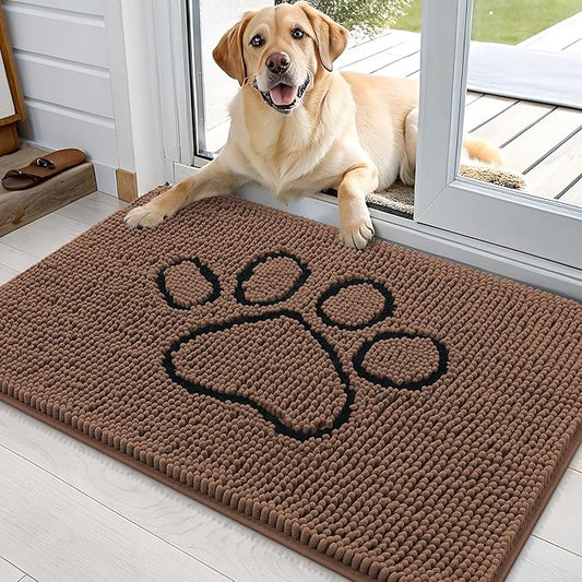 OLANLY Dog Door Mat for Muddy Paws 36x24, Paw Print Design, Absorbs Moisture and Dirt, Absorbent Non-Slip Washable Doormat, Quick Dry Chenille Mud Mat for Dogs, Entry Indoor Entryway Carpet, Mocha