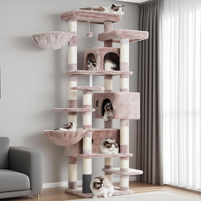 Hey-brother Cat Tree, 74 inches Multi-Level XL Large Cat Tower for Indoor Cats with Three Cat Condos, Two Large Top Decks and Cat Hairbrushfor Kittens, Cats and Pets,Muchroom MPJ035-MMU