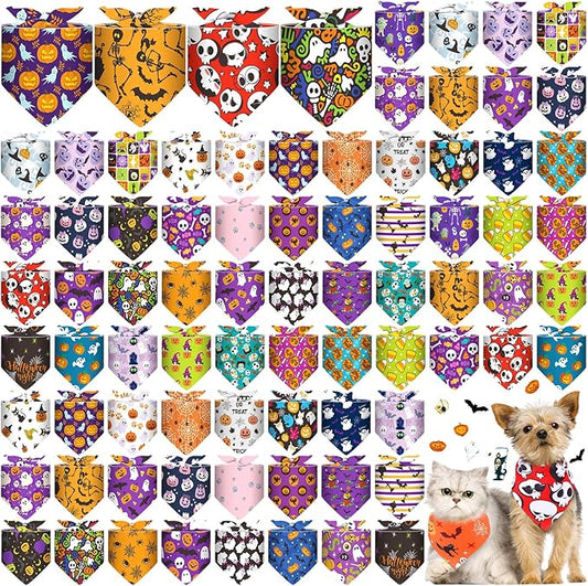 Reginary 72 Packs Halloween Dog Bandanas Bulk Pumpkin Ghost Pet Bandanas Triangle Scarf Bibs Adjustable Dogs Bandana for Halloween Thanksgiving