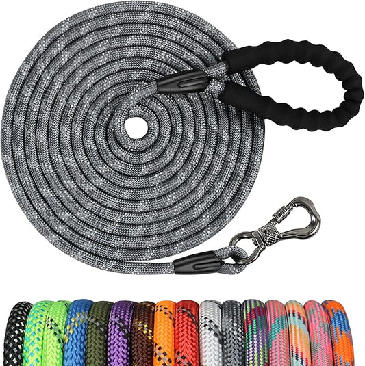 NTR Heavy Duty Dog Leash, 15FT Training Leash with Swivel Lockable Hook, Padded Handle and Highly Reflective Threads, Dog Lead for Walking, Hunting, Camping, Backyard for Small Medium Large Dog, Grey