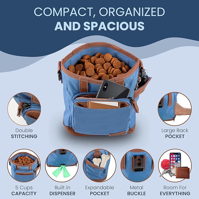 BEAU&FUR Large Dog Treat Pouch with Clicker for Training – 4 Cup Capacity, Built-In Poop Bag Dispenser, Expandable Pocket, Metal Buckle, Large Back Pocket, Ideal Design for Walks and Training – Blue
