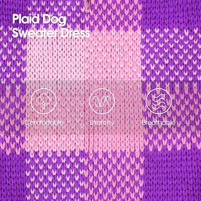 Dog Sweater Dress Plaid Knitwear for Small Medium Dogs Warm Puppy Pet Turtleneck Stretch Pullover Cute Fall Winter Vest Clothes with Leash Hole for Christmas (Purple, M)