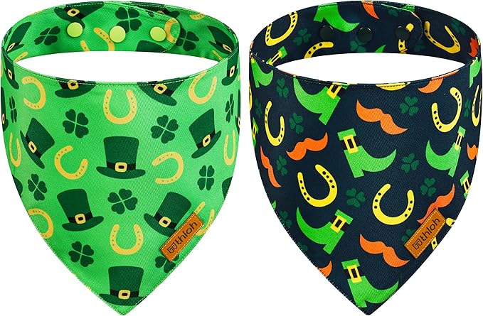 St. Patrick's Day Dog Bandanas with Snap Button, 2 Pack Reversible Shamrock Dog Scarf for Boy & Girl, Premium Durable Fabric, Gift for Dogs, Holiday Bandana for Medium and Large Dogs (Large)