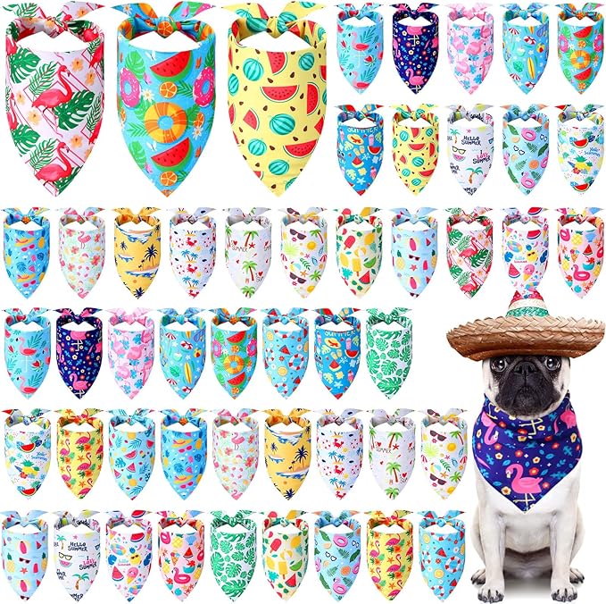 Sweetude 50 Pcs Dog Bandanas Bulk for Summer Hawaii Puppy Bandanas Adjustable Triangle Scarf Set Holiday for Small Medium Large Pet Costume Accessories