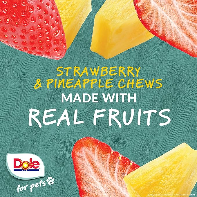 Dole Freshly Fetched Dog Chews, Strawberry & Pineapple Flavored Dog Treats, 7oz, No Wheat, Corn, Soy, Artificial Flavors, Colors, or Preservatives