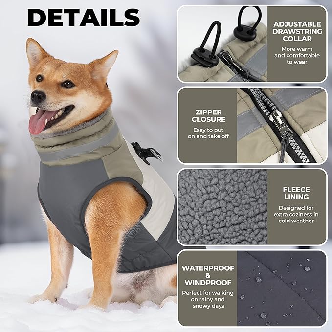 Dog Coats for Small Dogs, Waterproof Warm Dog Winter Jacket with Harness Built in, Reflective Puppy Cold Weather Coats Zip-up Pet Vest with Fleece Lined Dogs Snowsuit, Grey Small