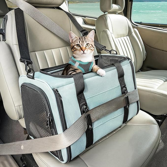 PETSFIT Cat Car Carrier for Small/Medium Cats Dogs, 18"x11"x11" Airline Approved Cat Carrier, with Patent Safety Buckles and Escape-Proof Zipper - Safeguarding Car Travel, Airplane, Vet, Outdoor