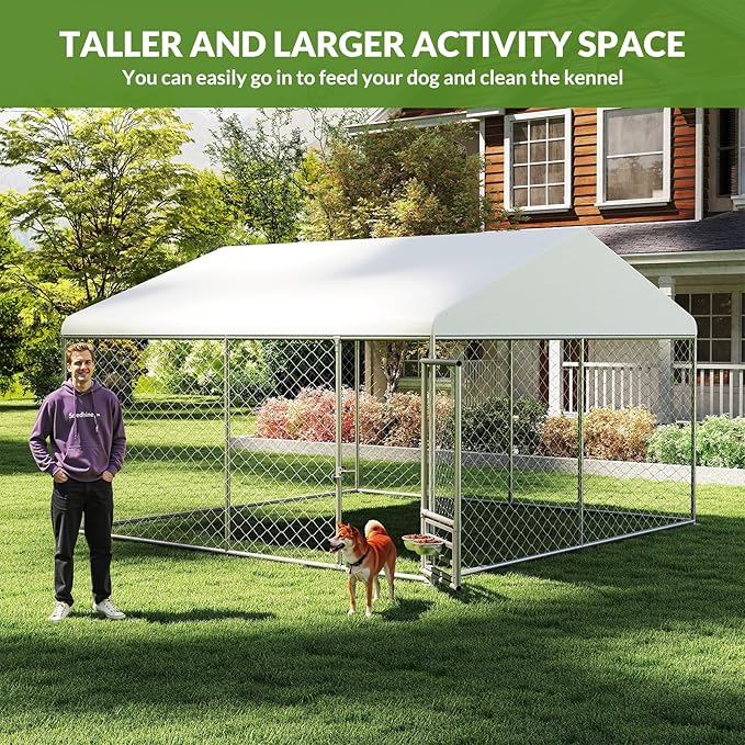 Rovibek 10x10 Ft Dog Kennel Outside, Outdoor Dog Kennel with Roof, Dog Kennels Outdoor with Steel Rotating Feeder Bowls, Outside Kennel for Large Dogs