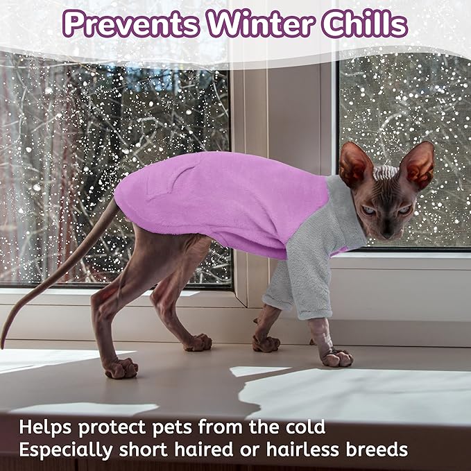 PUMYPOREITY Turtleneck Sweater for Sphynx Cat, Soft Coral Fleece Cat Clothes, Thick Winter Warm Outfit Coat with Sleeves, XL, Purple