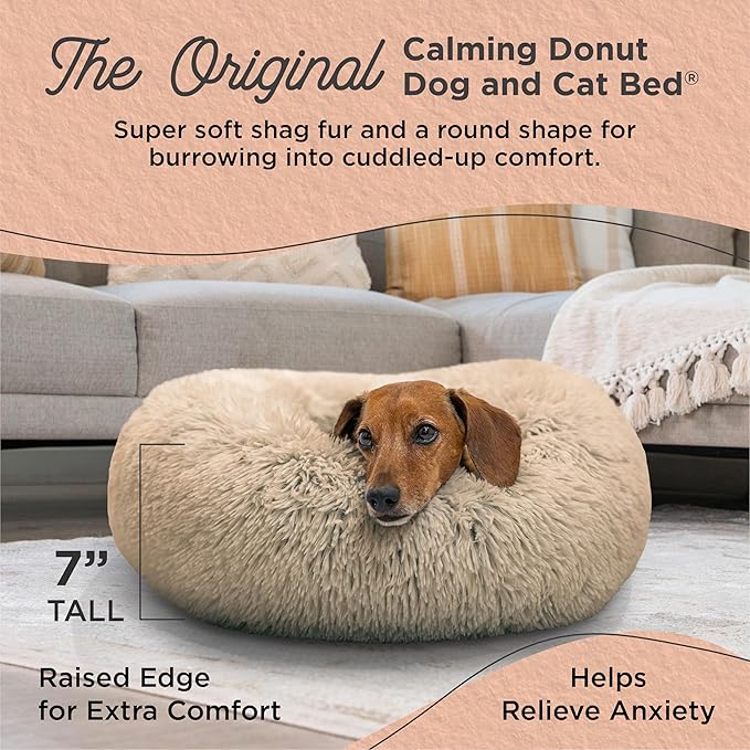 Best Friends by Sheri Original Calming Donut Dog and Cat Bed, Shag Faux Fur, Taupe, (23in x 23in) - Anxiety Relief for Pets Up to 25 lbs
