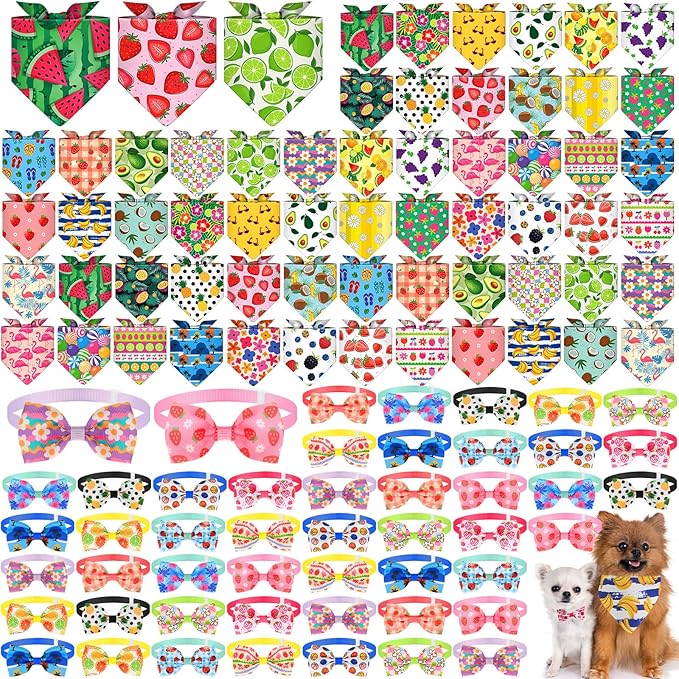 108 Pcs Summer Bulks Dog Bandanas Fruit Flower Adjustable Bow Ties for Dogs Cute Bowknot Christmas Triangle Scarf Kerchief for Large Small Medium Pet Cat Grooming Outfit