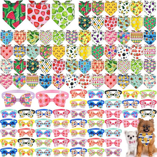108 Pcs Summer Bulks Dog Bandanas Fruit Flower Adjustable Bow Ties for Dogs Cute Bowknot Christmas Triangle Scarf Kerchief for Large Small Medium Pet Cat Grooming Outfit