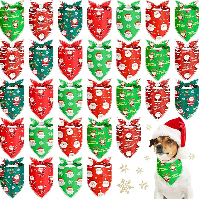 Frienda 30 Pcs Christmas Dog Bandanas Bulk Santa Bandanas for Dogs Soft Triangle Kerchief Bibs Scarf Set for Puppy Small Medium Large Pets Christmas Party Decoration