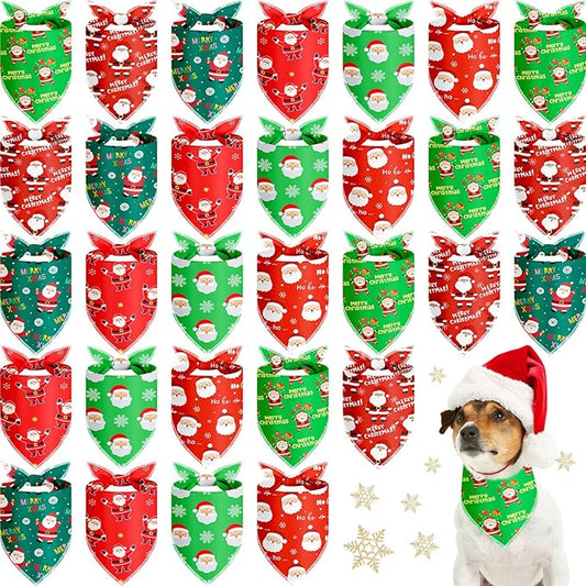 Frienda 30 Pcs Christmas Dog Bandanas Bulk Santa Bandanas for Dogs Soft Triangle Kerchief Bibs Scarf Set for Puppy Small Medium Large Pets Christmas Party Decoration