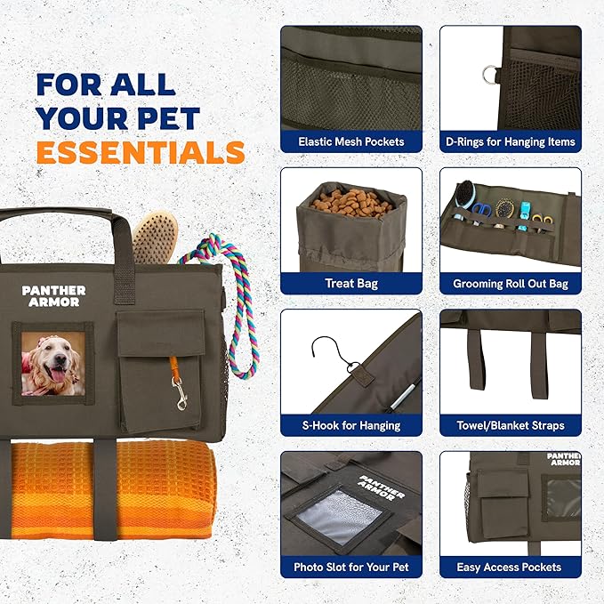 Panther Armor Dog Travel Bag Hanging Dog Organizer & Pet Storage Tote Bag for Supplies | Waterproof Door Storage & Closet Organizer | Food & Treat Container for Travel Accessories