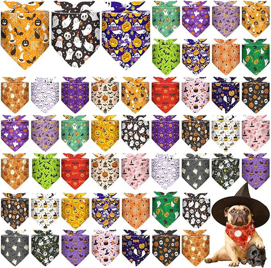 Sanwuta 48 Pcs Halloween Dog Bandanas Bulk Pumpkin Dog Bandanas Adjustable Ghost Colorful Scarf Handkerchief Bib Accessories for Small Medium Large Breeds Pet Costume Accessories