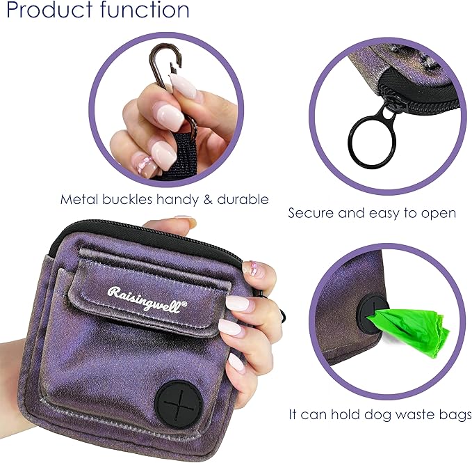 Dog Treat Pouch for Pet Walking and Training with Clicker Poop Bags and Double Bag Design Small Fanny Zipper Pack Holder for Puppy Snack Dispenser Kit for Leash and Outdoor Use (NM-Purple,)