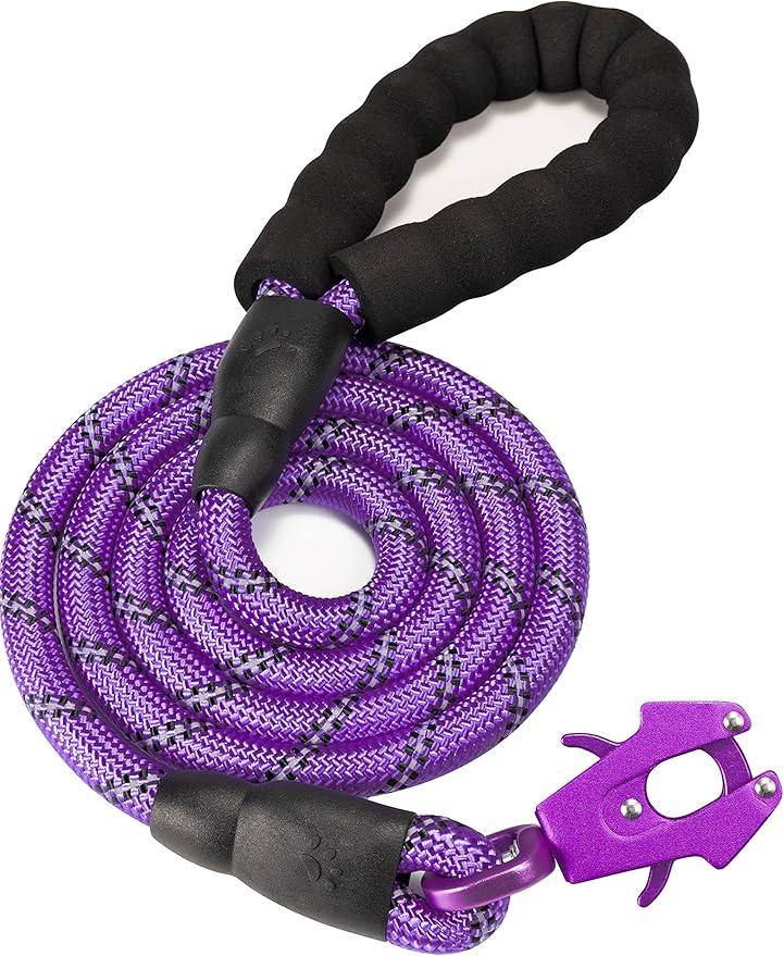 GEIT 2/4/5/6FT Dog Leash, Heavy Duty Rope Leashes, Reflective Nylon Pet Lead with Aluminum Quick Release/Locking Tactical Frog Clip for Small Medium and Large Dogs, Purple, 1/2 inch