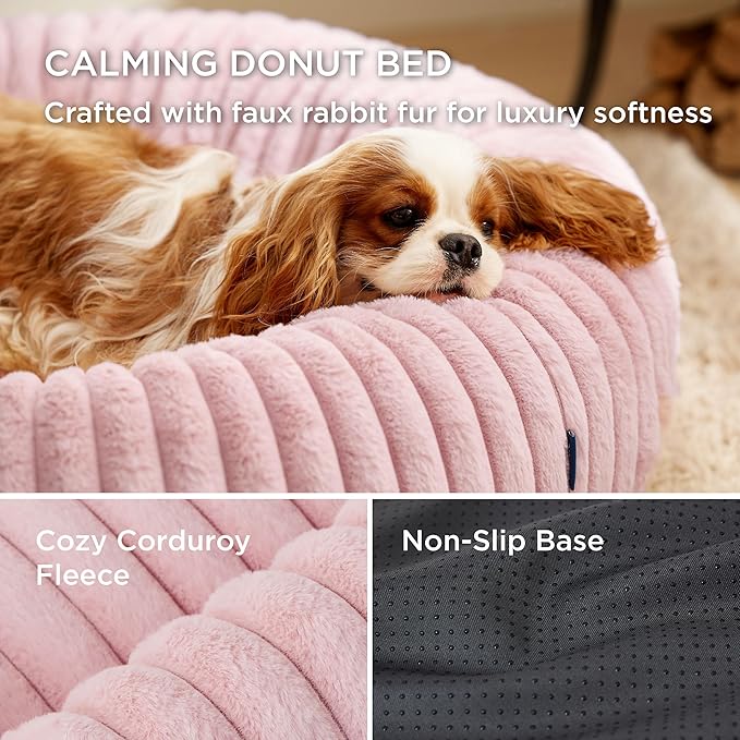 Bedsure Donut Large Dog Bed - Washable Faux Fur with Corduroy Fleece & Anti Slip Bottom, Round Pet Bed with Removable Cover, Blush Pink, 36x36x8 inches