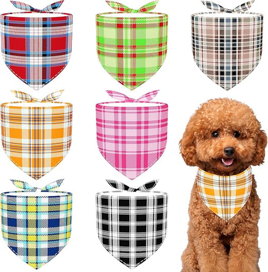 7 PCS Plaid Dog Bandanas for Small Dogs Stitching Edge Dog Bandanas for Puppy Doggy Print One Side Scarves Party Grooming S