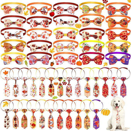 Eccliy 50 Pcs Fall Dog Bow Ties Collars for Dogs Adjustable Autumn Dog Bow Ties Neckties Set Thanksgiving Puppy Bows Grooming with Pumpkin Turkey Maple Leaves Pattern for Puppy Grooming Accessories