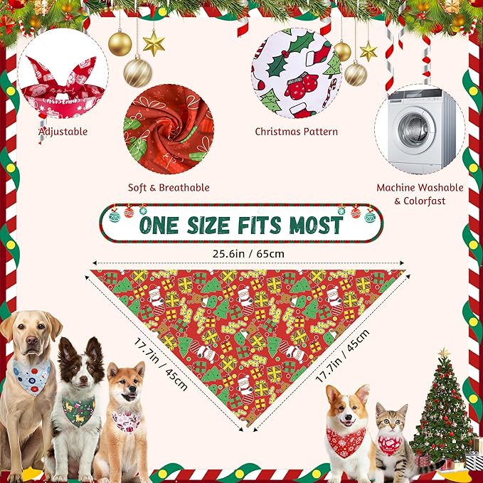 200 Pcs Christmas Dog Bandanas Bulk Xmas Pet Scarves Winter Adjustable Bibs for X-M-L Dogs Washable Holiday Puppy Kerchief for Groomers Shelters