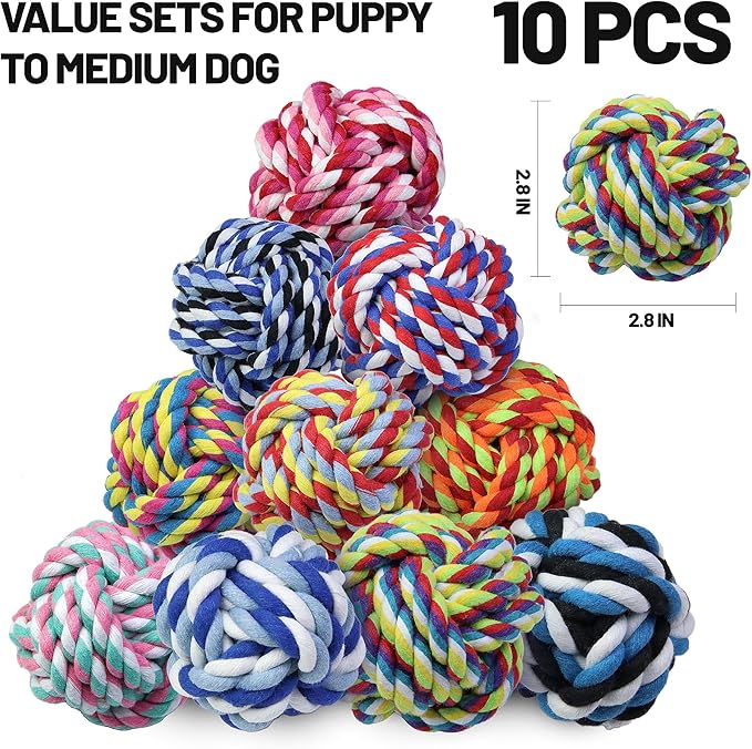 Dog Chew Rope Balls Toys for Aggressive Chewers, 10 Pieces Durable Dog Balls for Medium and Small Breeds Cotton Chew Toys for Puppies Teething No Large Dogs