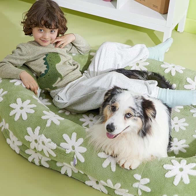 LE SURE Human Dog Bed for Adult - Calming Human Size Dog Bed with Egg Foam Supportive Mat and Storage Pocket, Cute Modern Pet Beds with Jacquard Shaggy Plush & Anti Slip Bottom 55x37x10, Green