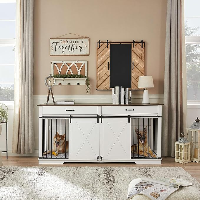 Dual Dog Kennel for 2 Medium Dogs, Wooden Furniture-Style Pet Crate with Removable Divider - 72.5 inch W Indoor Dog Cage Doubles as TV Stand & Display Shelf (White)