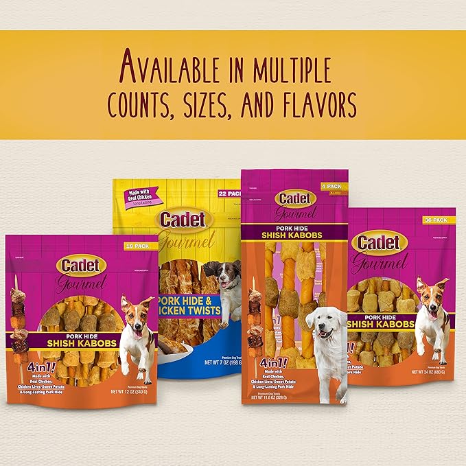 Cadet Gourmet Shish Kabob Dog Chews for Large Dogs, Rawhide Treats with Chicken and Sweet Potato, Healthy & Natural Pork Hide, 10-Inch Sticks, 4 Count