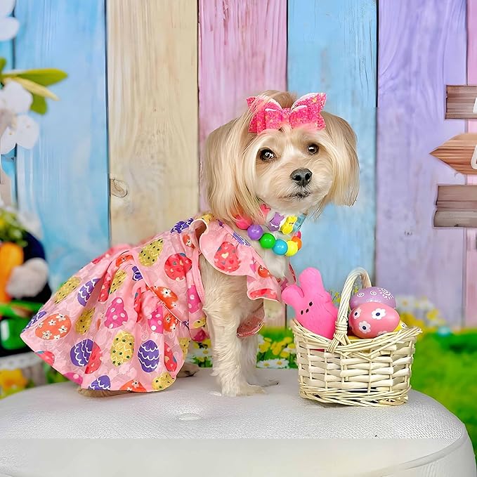 Fitwarm Easter Egg Dog Dress, Holiday Dog Clothes for Small Dogs Girl, Pet Easter Outfit, Pink, Yellow, Purple, XS
