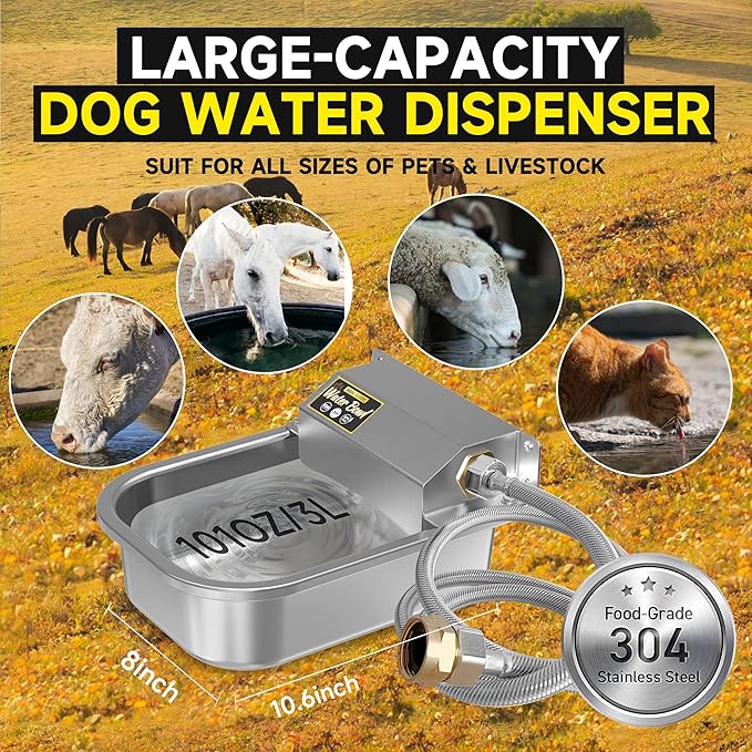Automatic Water Dispenser for Dogs, 101oz Outdoor Dog Water Bowl, 304 Stainless Steel Water Feeder for Small to Large Pets, Large Livestock Waterer, Anti-Tipping, Water Auto-Fill, Easy to Clean